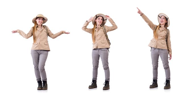 Woman wearing safari hat on white