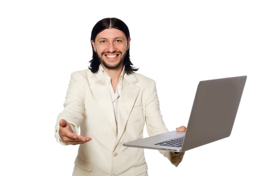 Young man with laptop isolated on white