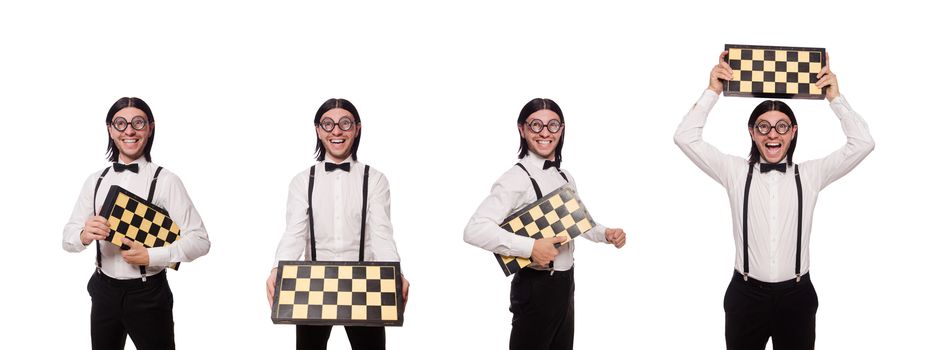 Funny man with chessboard isolated on white