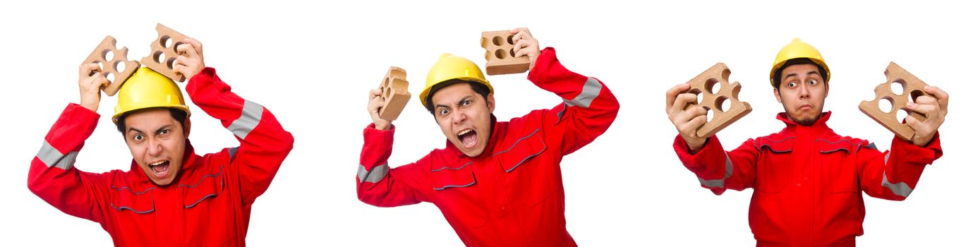 Construction worker with clay bricks on white