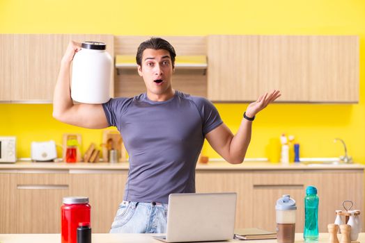 Young man blogging about food additives