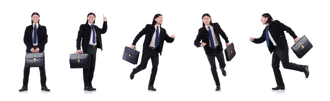 Young businessman holding briefcase isolated on white