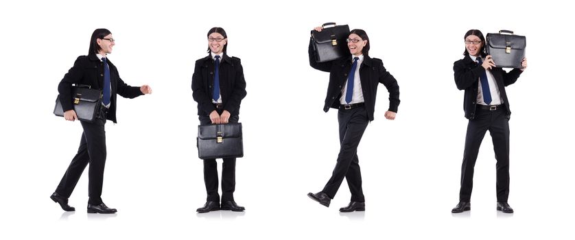 Young businessman holding briefcase isolated on white