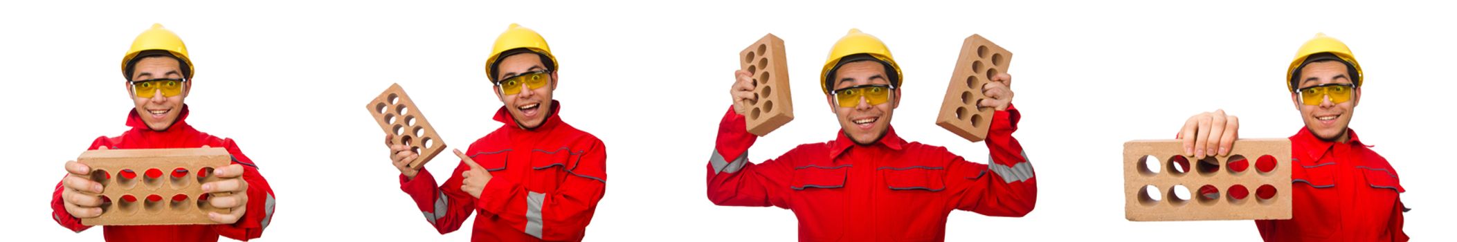 Construction worker with clay bricks on white