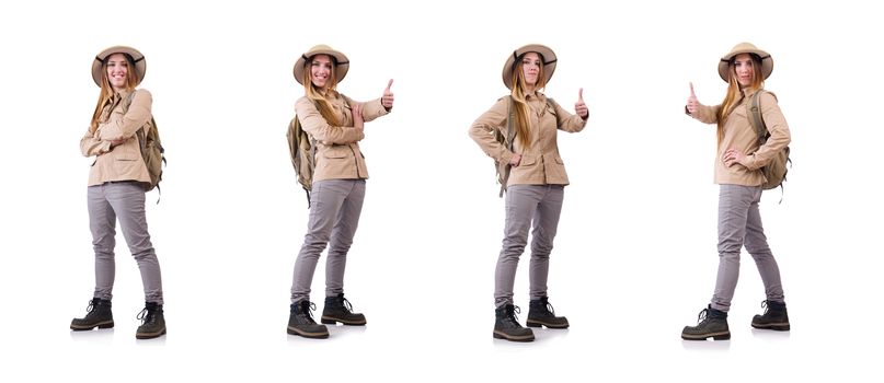 Woman wearing safari hat on white