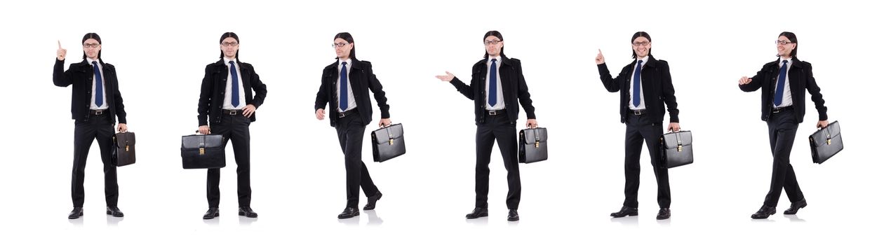 Young businessman holding briefcase isolated on white