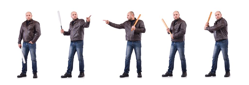 Violent man with baseball bat on white