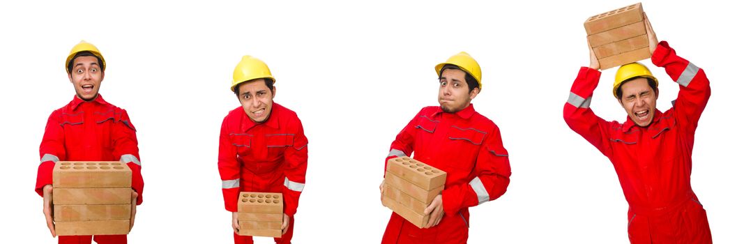 Construction worker with clay bricks on white