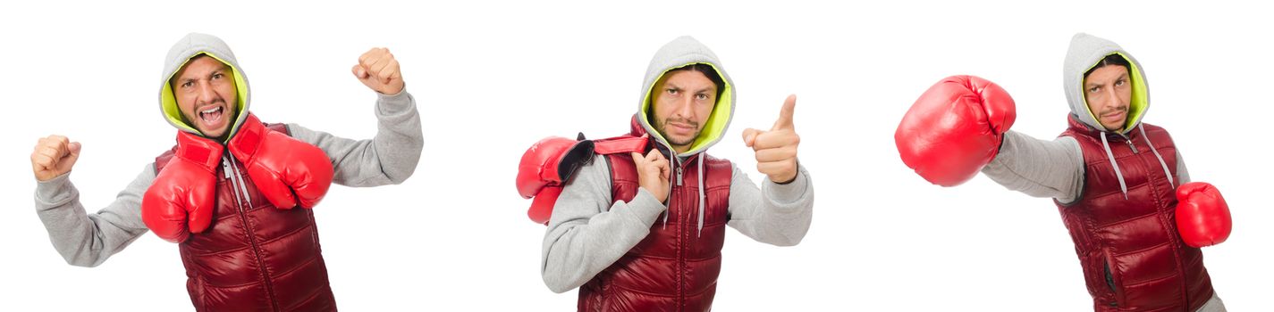 Man wearing boxing gloves isolated on white
