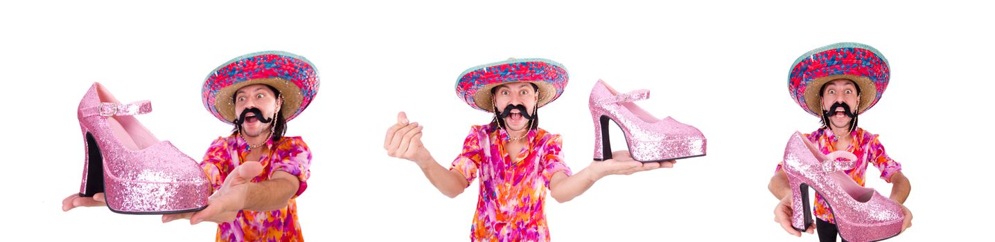 Funny mexican with woman shoe on white