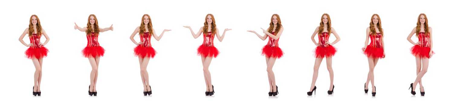 Red hair girl in carnival costume isolated on white