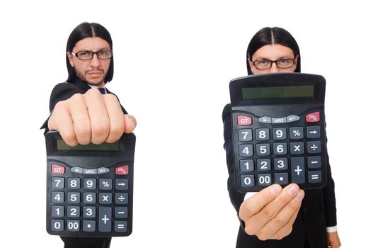 Man with calculator isolated on white