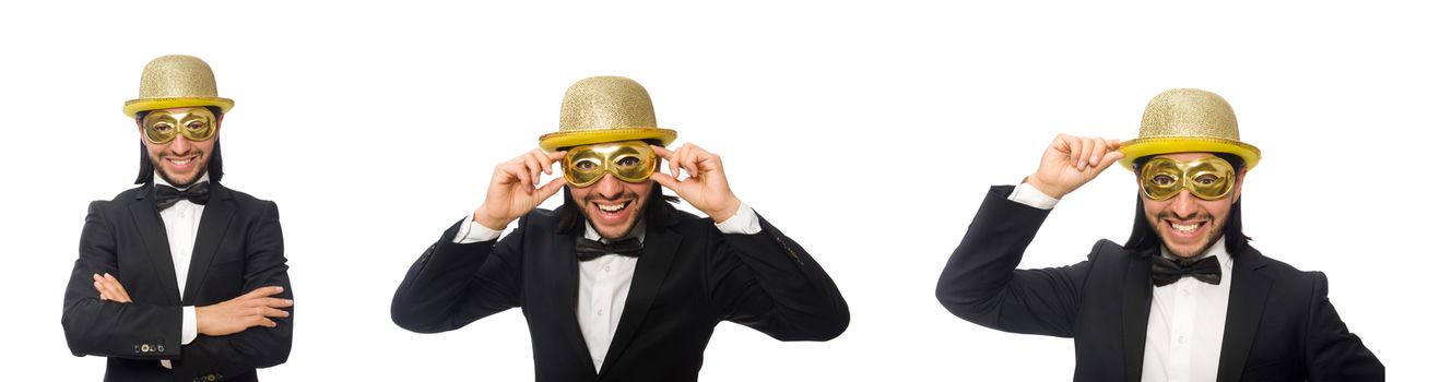 Funny man wearing mask isolated on white