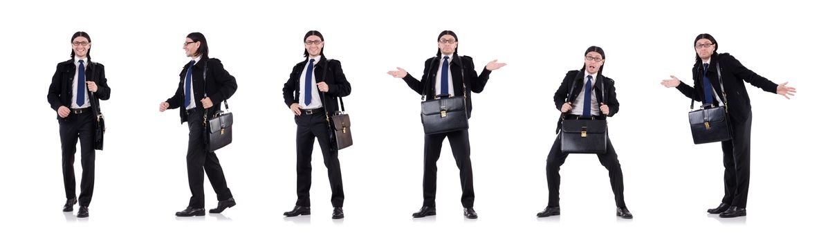 Young businessman holding briefcase isolated on white