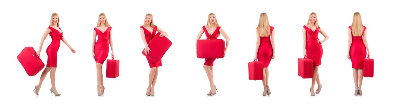 Blondie in red dress with suitcase isolated on white