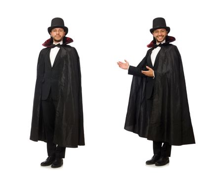 Man magician isolated on white