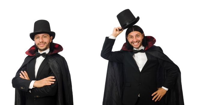 Man magician isolated on white