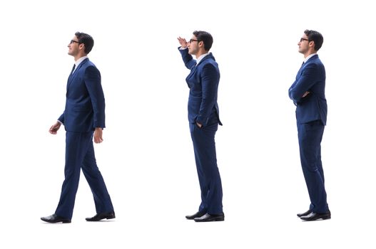 Businessman walking standing side view isolated on white background