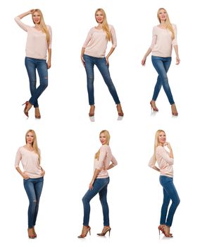 Pretty woman in blue jeans isolated on white