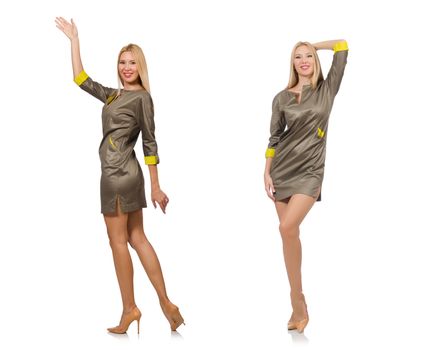 Blondie in gray satin dress isolated on white