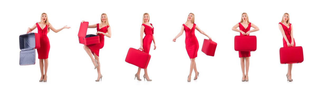 Woman in red dress and travel case isolated on white