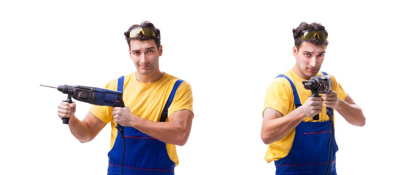 Contractor employee with hand power drill on white background