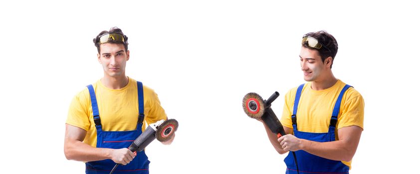 Contractor employee with sander isolated on white background