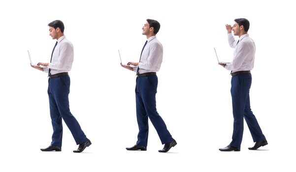 Businessman walking standing side view isolated on white background