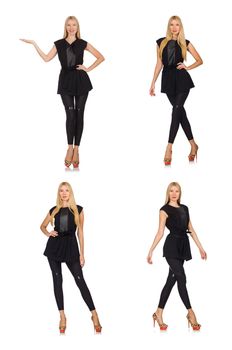 Pretty woman in tight black pants isolated on white