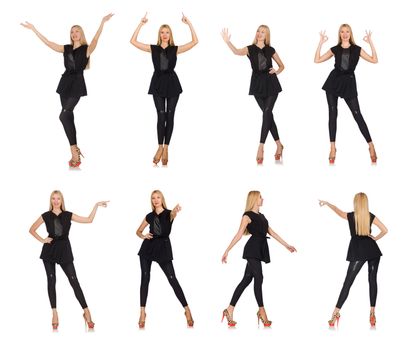Pretty woman in tight black pants isolated on white