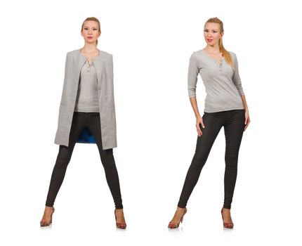 Pretty woman in gray blouse isolated on white