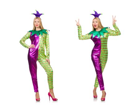 Woman wearing clown costume isolated on white