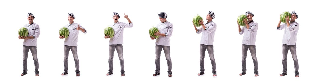 Young male cook with watermelon isolated on white