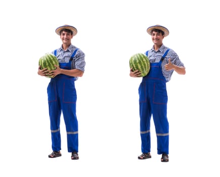 Young farmer with watermelon isolated on white