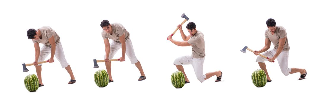 Young man with watermelon isolated on white