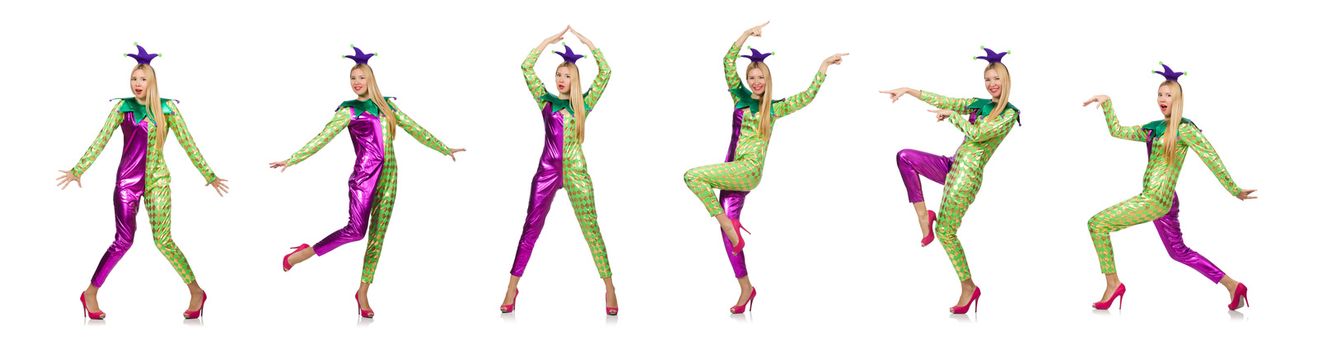 Woman wearing clown costume isolated on white