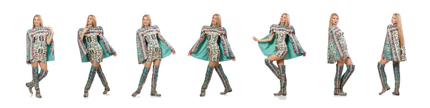 Model wearing dress with Azerbaijani carpet elements isolated on white