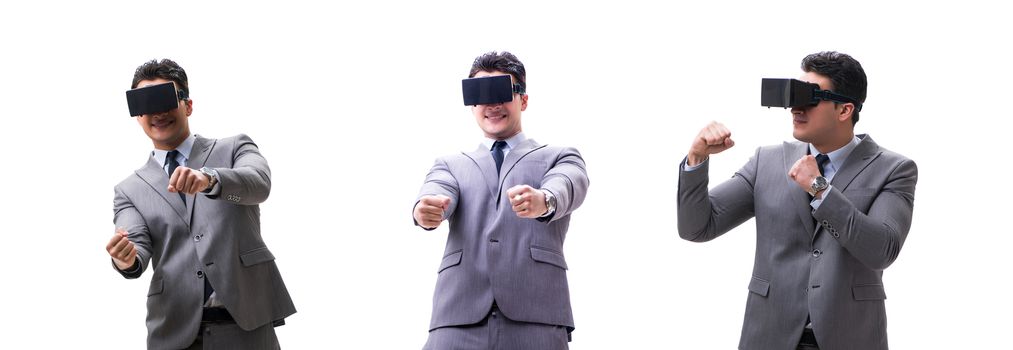 Businessman wearing virtual reality VR glasses isolated on white 