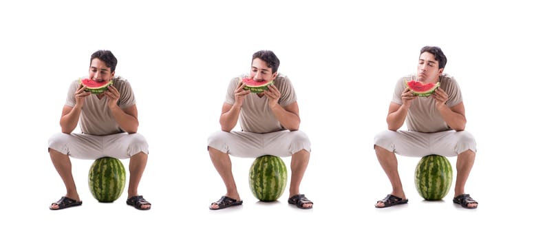 Young man with watermelon isolated on white