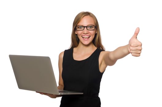 Woman with laptop isolated on white 