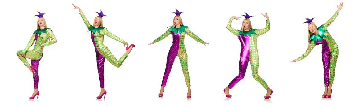 Woman wearing clown costume isolated on white