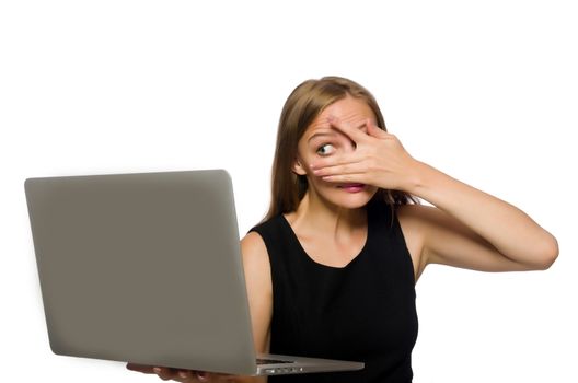 Woman with laptop isolated on white 