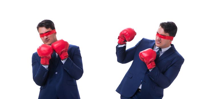 Lawyer with blindfold wearing boxing gloves isolated on white