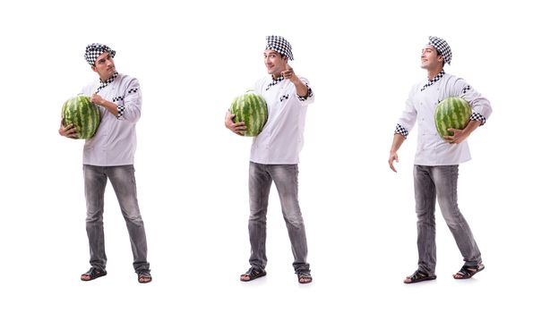 Young male cook with watermelon isolated on white