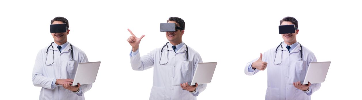 Doctor wearing a vr virtual reality headset isolated on white background