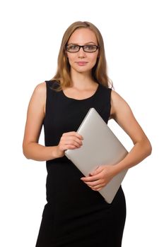 Woman with laptop isolated on white 