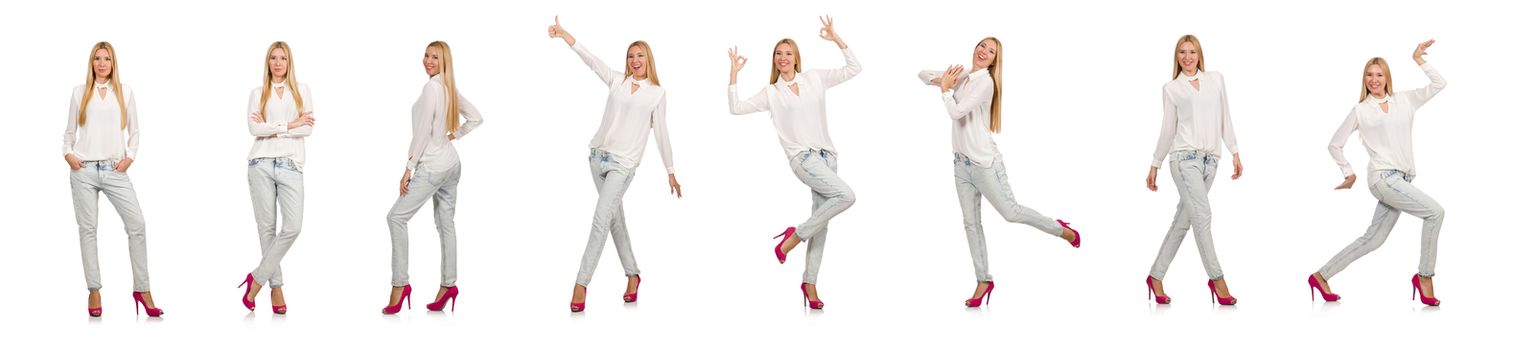 Pretty woman in blue jeans isolated on white