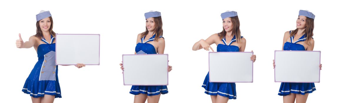 Young woman with blank board on white