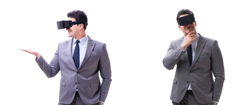 Businessman wearing virtual reality VR glasses isolated on white 