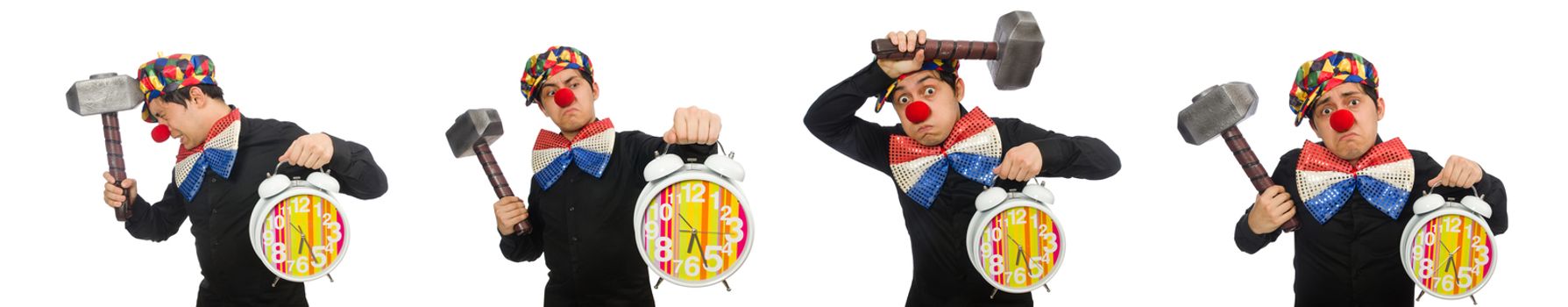 Funny clown with hammer and clock on white